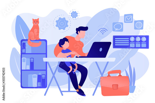 Freelancer with child working on laptop. Parent working with son. Home office. Remote worker, employee schedule, flexible schedule concept. Pink coral blue vector isolated illustration