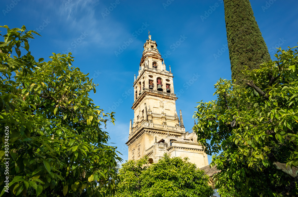Exterior of the Cathedral of Cordoba with orange trees in Spain, important islamic monument of Spain, also called Mezquita, Great Cordoba Mosque Cathedral