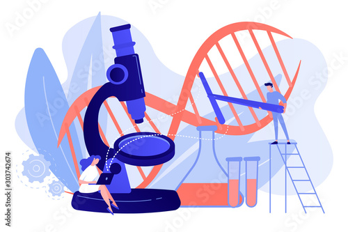 Microscope and scientists changing DNA structure. Genetic engineering, genetic modification and genetic manipulation concept on white background. Pinkish coral bluevector isolated illustration