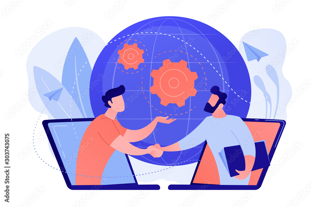 Businessmen shaking hands through laptop screens as online business, conference, meeting, network, deal, negotiations, agreement concept, pinkish coral blue palette. Vector illustration on white Businessmen shaking hands through laptop screens as online business, conference, meeting, network, deal, negotiations, agreement concept, pinkish coral blue palette. Vector illustration on white