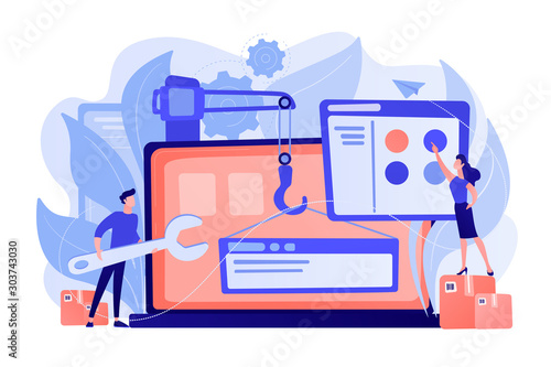 It professionals are creating web site on the laptop screen. Website development or web application, coding, designing for web browsers concept. Pinkish coral blue palette. Vector illustration on