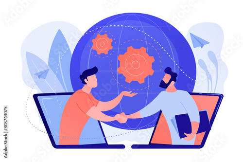 Businessmen shaking hands through laptop screens as online business, conference, meeting, network, deal, negotiations, agreement concept, pinkish coral blue palette. Vector illustration on white