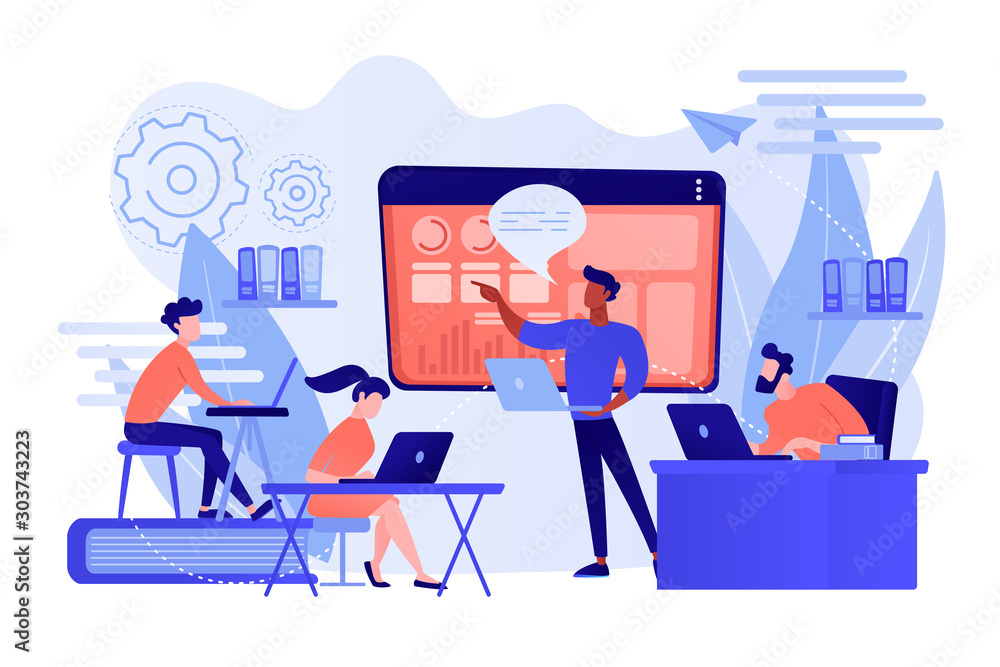 Business team with laptops look at digital presentation with charts. Digital presentation, office online meeting, visual data representation concept. Pinkish coral bluevector isolated illustration Business team with laptops look at digital presentation with charts. Digital presentation, office online meeting, visual data representation concept. Pinkish coral bluevector isolated illustration