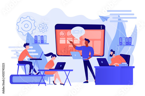 Business team with laptops look at digital presentation with charts. Digital presentation, office online meeting, visual data representation concept. Pinkish coral bluevector isolated illustration