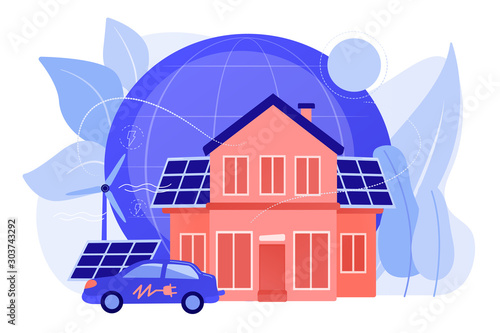 Future smart tech. Alternative electrical power, ecology friendly energy. Eco house, environmentally low-impact home, ecohome technology concept. Pinkish coral bluevector isolated illustration