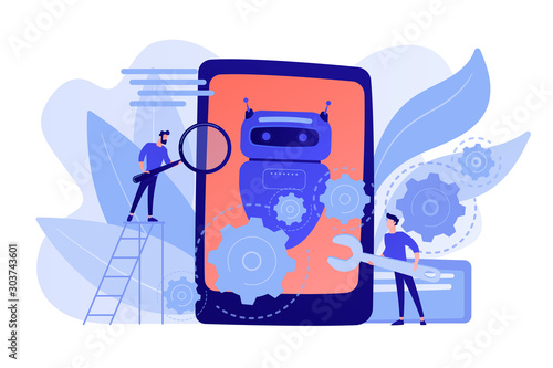 Developers with wrench work on chatbot application development. Chatbot app development, bot development framework, chatbot programming concept. Pinkish coral bluevector isolated illustration