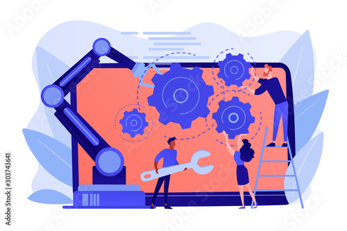 Humans and cobot robotic arm collaborate at laptop fixing gears. Collaborative robotics, cobot automatization, safe industry solutions concept. Pinkish coral bluevector isolated illustration photo