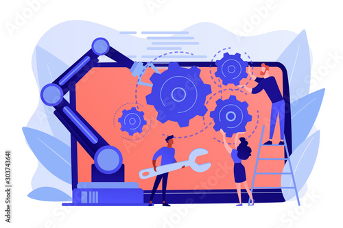 Humans and cobot robotic arm collaborate at laptop fixing gears. Collaborative robotics, cobot automatization, safe industry solutions concept. Pinkish coral bluevector isolated illustration