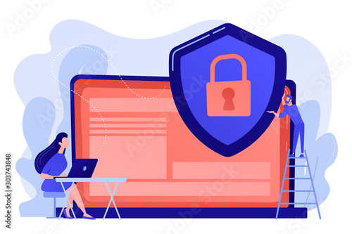 Tiny people businessman with shield protecting data on laptop. Data privacy, information privacy regulation, personal data protection concept. Pinkish coral bluevector isolated illustration
