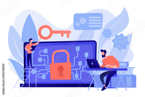 Personal digital security. Defence, protection from hackers, scammers. Data breaches, data leakage prevention, encryption for databases concept. Pinkish coral bluevector isolated illustration