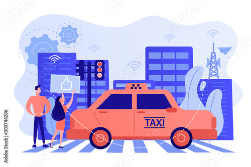 City using intelligent transportation system technologies. Intelligent transportation system, traffic management, smart city technologies concept. Pinkish coral bluevector isolated illustration