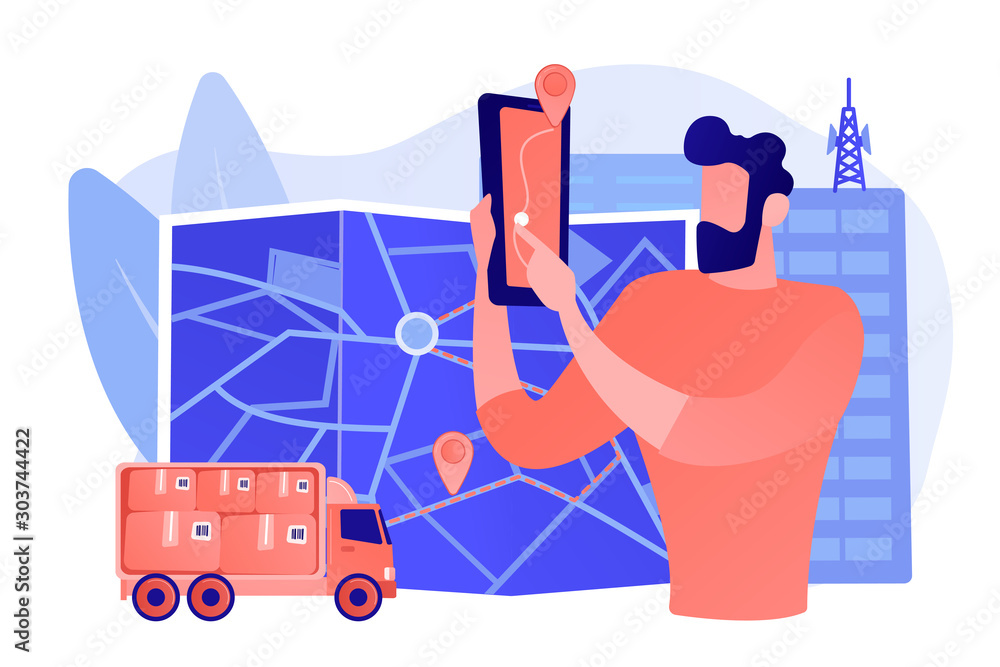 GPS tracker on postal agent truck. Watching delivery in real time. Post  service tracking, parcel monitor, track and trace your shipment concept.  Pinkish coral bluevector isolated illustration Stock Vector | Adobe Stock