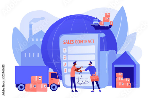 International business partnership, global trade. Sales contract terms, Incoterms terms, international trading regulations concept. Pinkish coral bluevector isolated illustration
