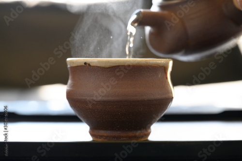 Japanese tea and tea pot and cup. photo