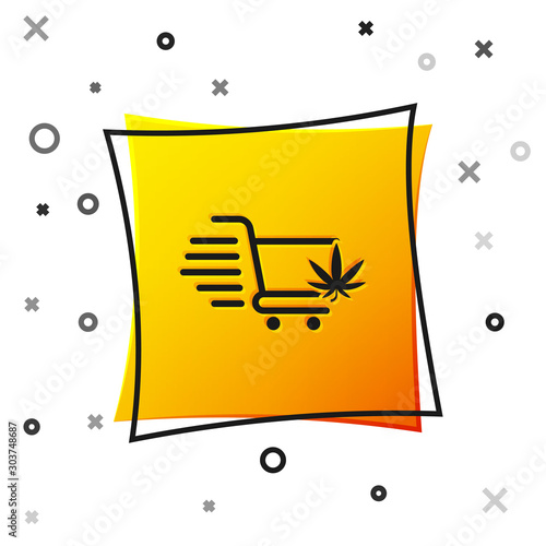 Black Shopping cart with marijuana or cannabis leaf icon isolated on white background. Online buying. Delivery service. Supermarket basket. Yellow square button. Vector Illustration