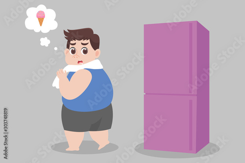 Big Fat Man hungry ice cream try to not eat looking at refrigerator Healthcare concept cartoon.