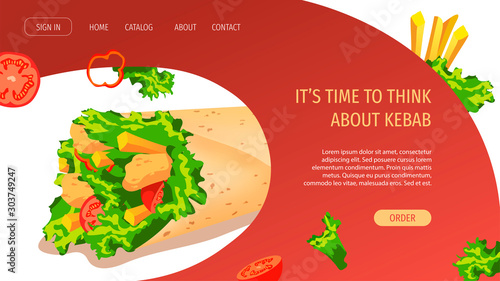 Web page design for Fast food, Kebab, Cooking, Food ordering. Yummy kebab with chicken, tomato, lettuce, french fries. Perfect for poster, banner, flyer, menu, website.