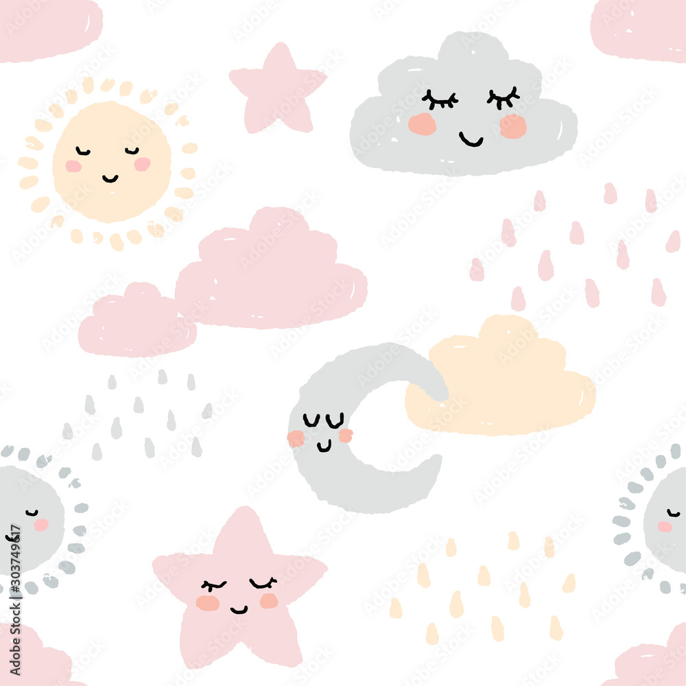 Cute childish seamless pattern in delicate pastel colors. Sleeping sun, cloud, moon and star. Ornament for wrapping paper, wallpaper, postcards, baby products. Flat stock vector isolated on a white