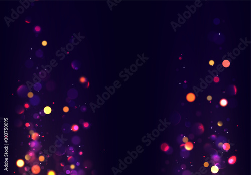 Bokeh sparkle glitter lights background. Defocused circular . Magic christmas gold and purple, blue and orange background.