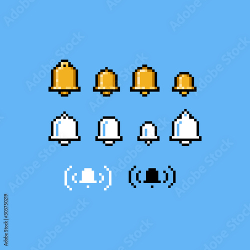 Pixel art notification bell icon set.
