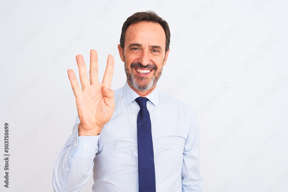 Middle age businessman wearing elegant tie standing over isolated white background showing and pointing up with fingers number four while smiling confident and happy. Middle age businessman wearing elegant tie standing over isolated white background showing and pointing up with fingers number four while smiling confident and happy.