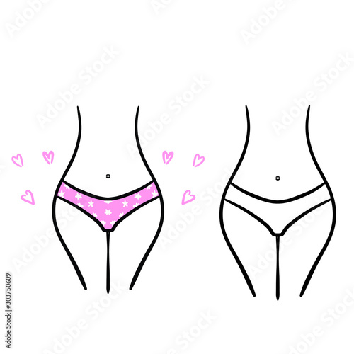 Illustration of a slim woman in panties. Vector version. Body, bikini zone. Icon. Silhouette symbol. Perfect for Spa salon, beauty treatments, sugaring, epilation, defelice. Outline style.