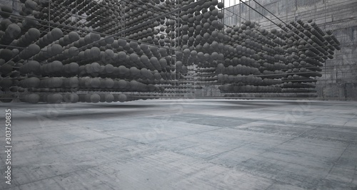 Abstract architectural concrete interior from an array of spheres with large windows. 3D illustration and rendering.