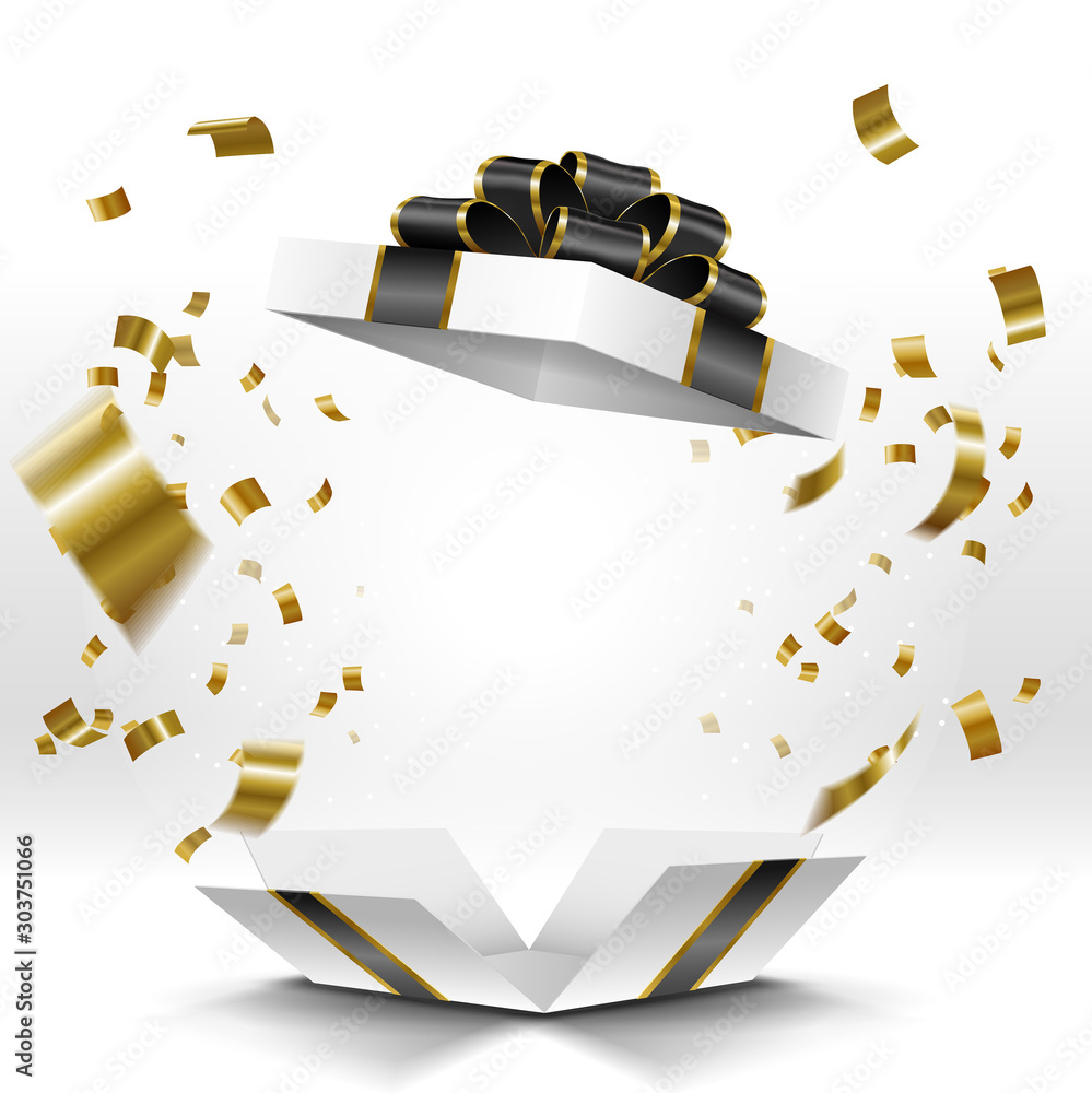 Φωτογραφία Open gift box with golden confetti isolated on white background
