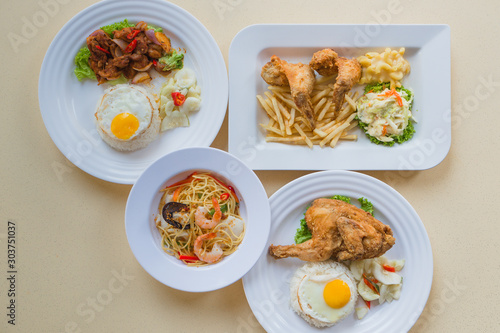 Flat lay view of various dishes of Asian Chinese Western food