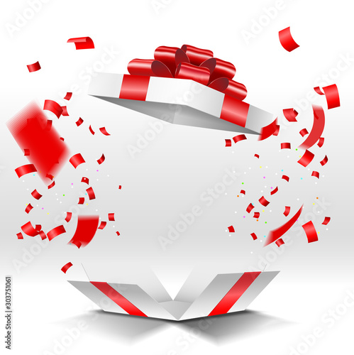 Open gift box with confetti isolated on white background
