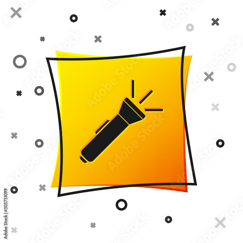 Black Flashlight icon isolated on white background. Yellow square button. Vector Illustration