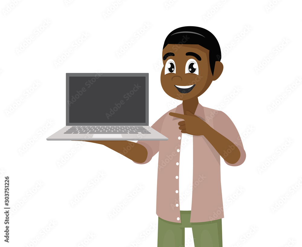 Φωτογραφία Cartoon character Poses, Happy African man holding or showing the blank screen of a laptop computer and pointing hand finger