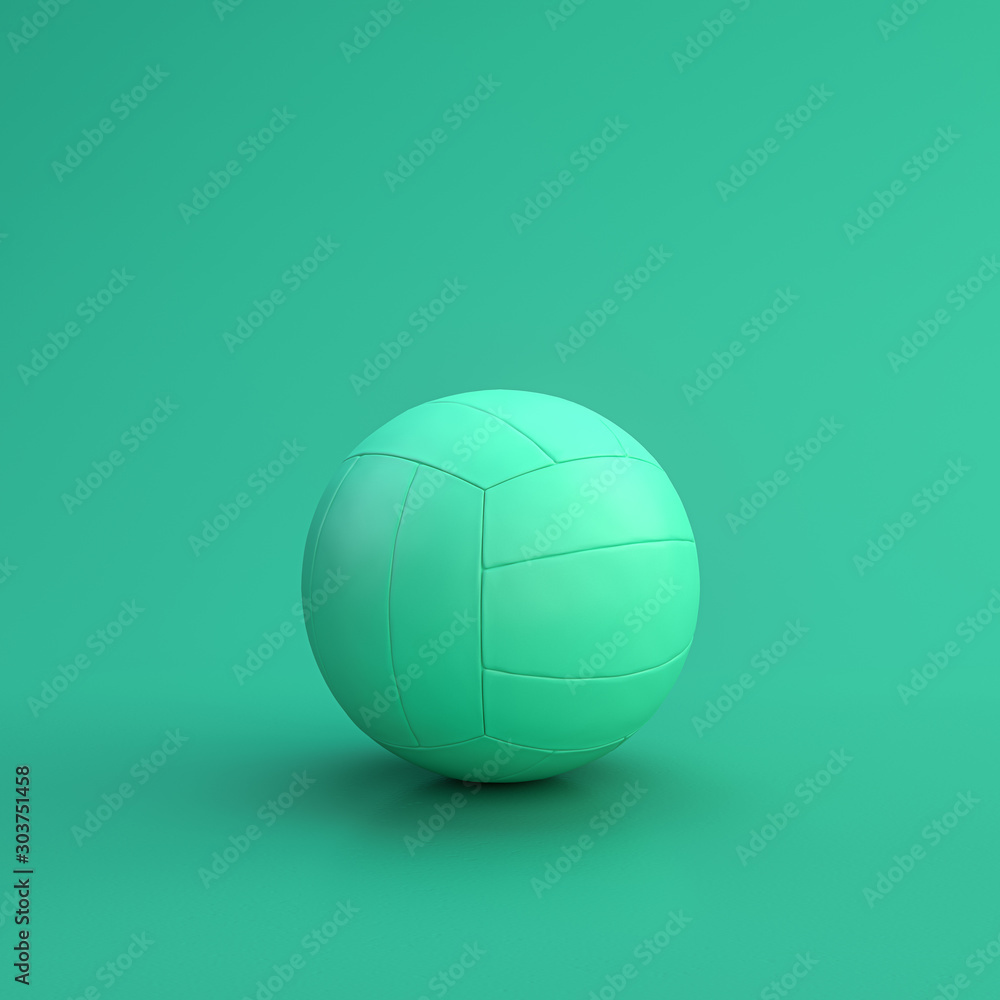 Green sport equipment volleyball ball on green background, solid background, flat background, single color, 3d Rendering