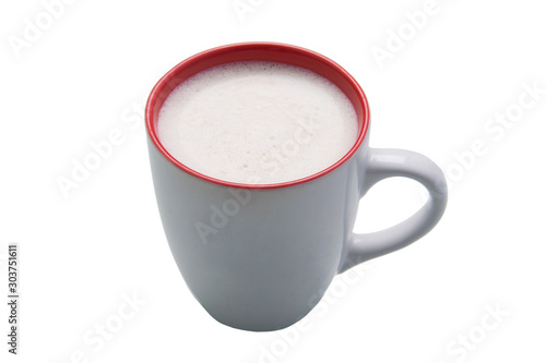 on a white background, close-up, coffee mug with foam