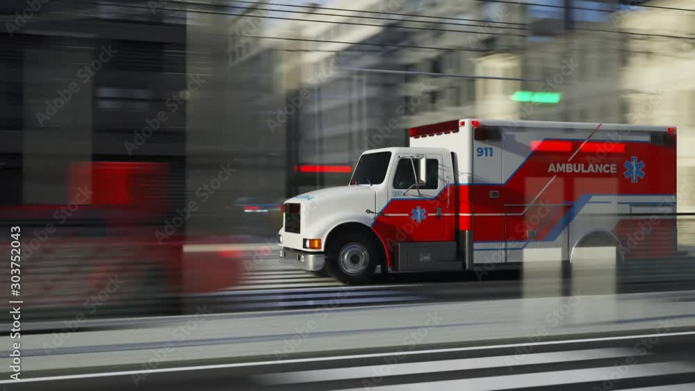 Fast ambulance truck driving through a city downtown with red signals on. 4KHD Fast ambulance truck driving through a city downtown with red signals on. 4KHD