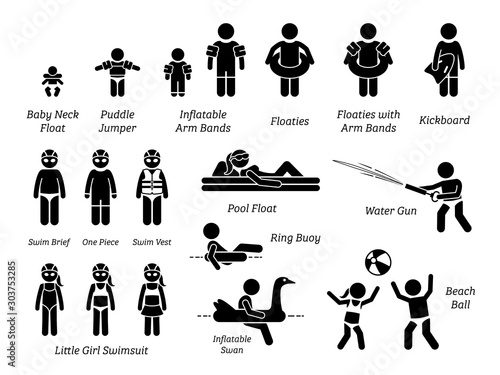 Children and kids swimming aids, safety equipment, recreational gears, and swimming pool water toys stick figure icons pictogram. Illustration cliparts of baby, toddler, and children swimming product.