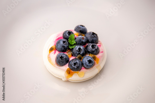 Dessert Pavlova of meringue with fresh fruit