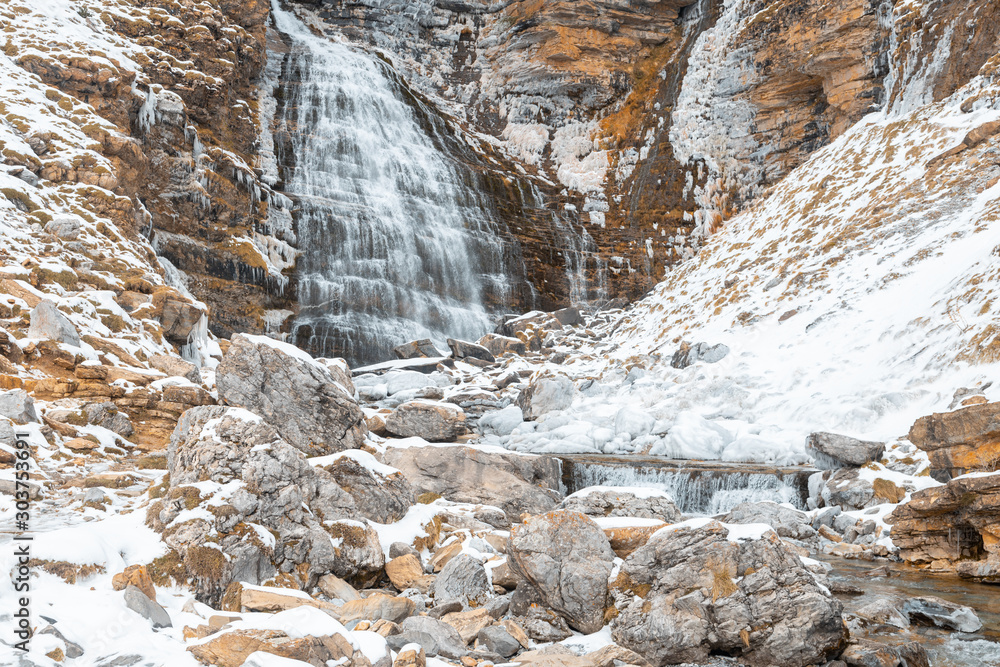 Ordesa National Valley in snowy autumn, located in Pyrenees Spain Ordesa National Valley in snowy autumn, located in Pyrenees Spain