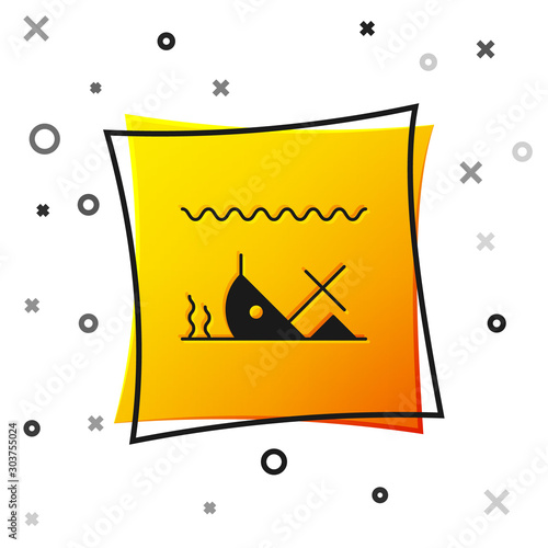 Black Sunken ship at the bottom of the sea icon isolated on white background. Yellow square button. Vector Illustration