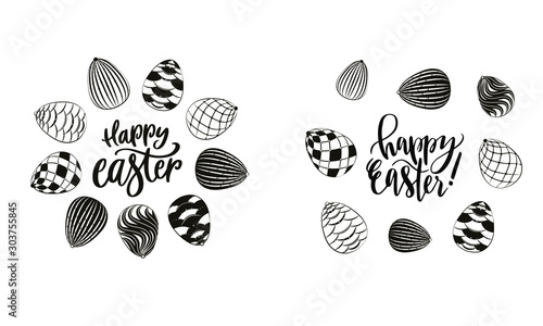 Black and white graphic easter eggs with holiday lettering for easter. Greeting card with the inscription Happy Easter on a white luxurious background with geometric elements, illustration