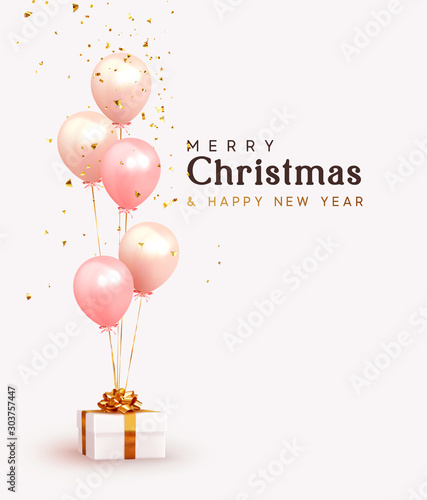 Christmas background. Festive background with helium balloons, gift box. Poster, banner happy anniversary. Realistic decorative design elements. Vector 3d object ballon with ribbon, pink, coral color.