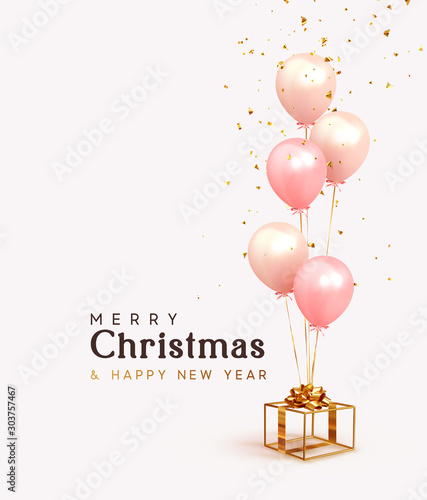 Christmas background. Festive background with helium balloons, gift box. Poster, banner happy anniversary. Realistic decorative design elements. Vector 3d object ballon with ribbon, pink, coral color.