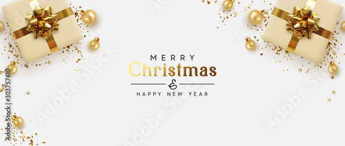 Holiday banner Merry Christmas and Happy New Year. Xmas design with realistic objects, beige gift box, golden balls, stast tinsel, glitter gold confetti. Festive horizontal poster, flat top view