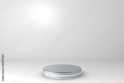 Round silver stage podium concept illustration isolated on white background. Festive podium scene for award ceremony on white. Silver pedestal for product presentation. 3d rendering