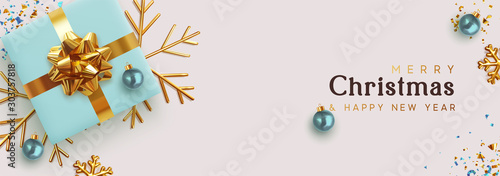 Christmas banner. Background Xmas design of realistic blue gifts box, golden 3d render snowflake and glitter gold confetti, bauble ball. Horizontal christmas poster, greeting cards, headers website