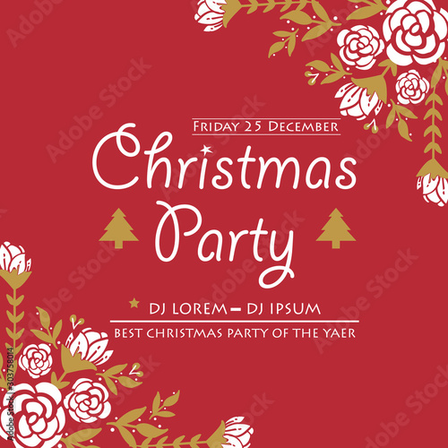 Greeting card design or poster for christmas party, with pattern art of leaf flower frame. Vector