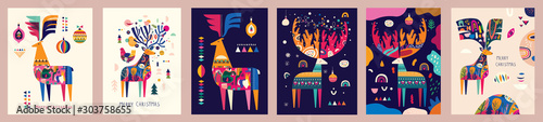 Set of vector Christmas illustrations with amazing deers photo