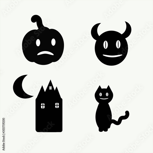 Fototapeta Naklejka Na Ścianę i Meble -  Pumpkin, devil, scary house and black cat