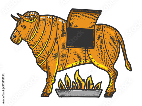 Brazen bronze sicilian bull medieval execution torture device sketch engraving vector illustration. Scratch board style imitation. Hand drawn image.
