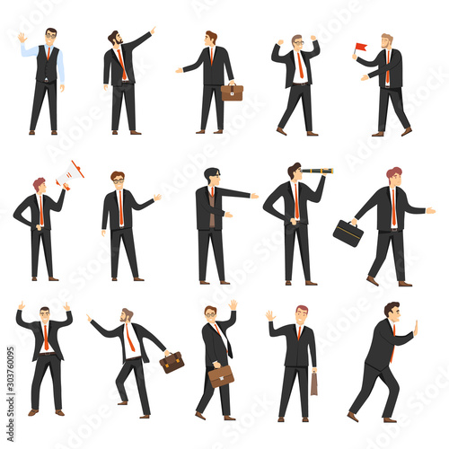 Businessmen  business people  a set of different businessmen in different positions  standing  in isometric  half turn. Vector  cartoon illustration of people in business suits.